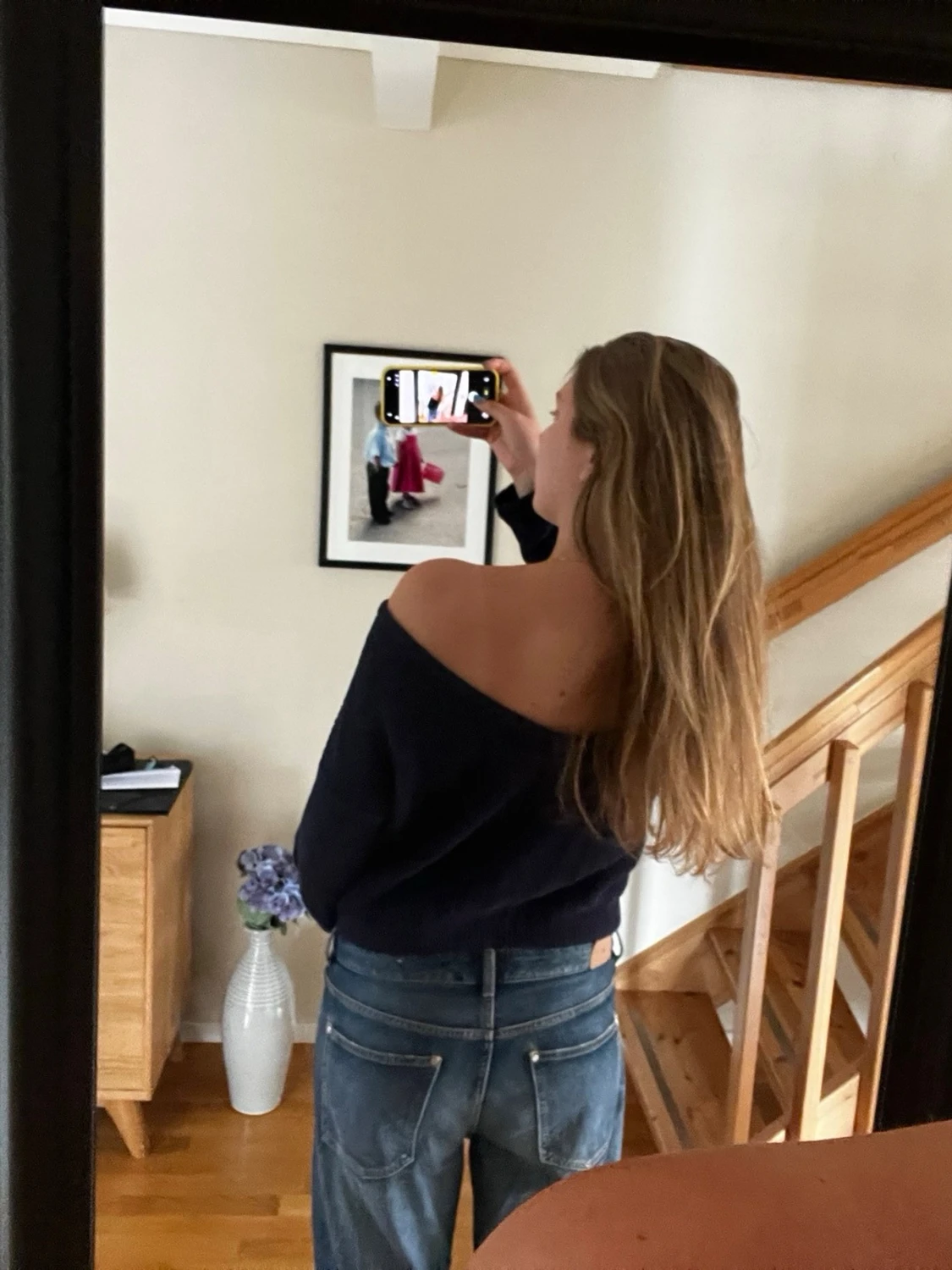 Mörk blå off shoulder tröja - 1