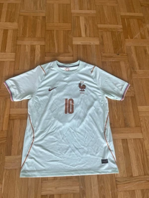 Frankrike fotbollströja Mbappé #10 - Snygg ljusblå fotbollströja från Nike med Frankrikes landslagsemblem och nummer 10 på bröstet. På ryggen står det Mbappé och siffran 10 i kopparfärg. Tröjan har korta ärmar och detaljer i koppar och rött vid ärmslut och sidor.