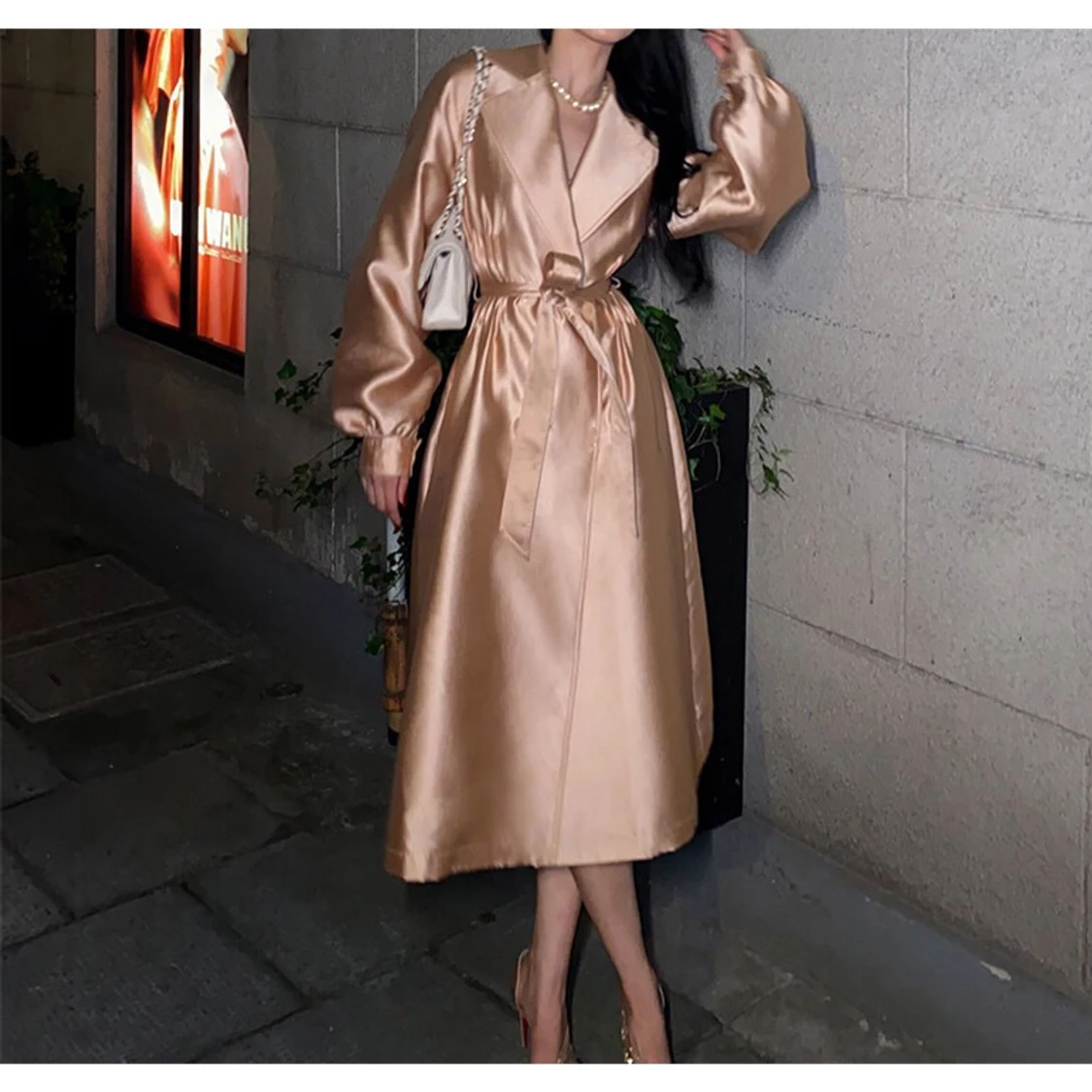 Rose Champagne Satin Trench Coat