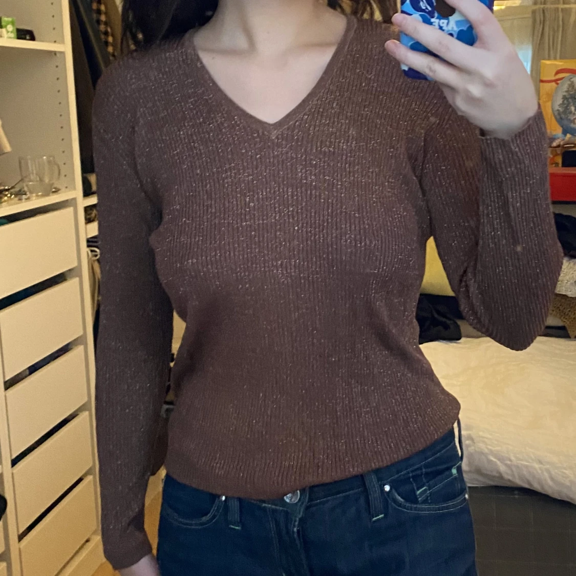 Stickad brun tröja med glitter - 90