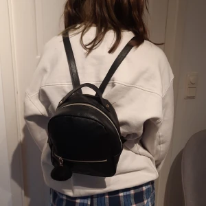 Liten ryggsäck - En liten ryggsäck med långa band som är justerbara efter hur stora man vill ha. Ett stort fack ich ett litet fack. Tillhänger även med en liten svart fluffboll på.  Köpare betalar frakt
