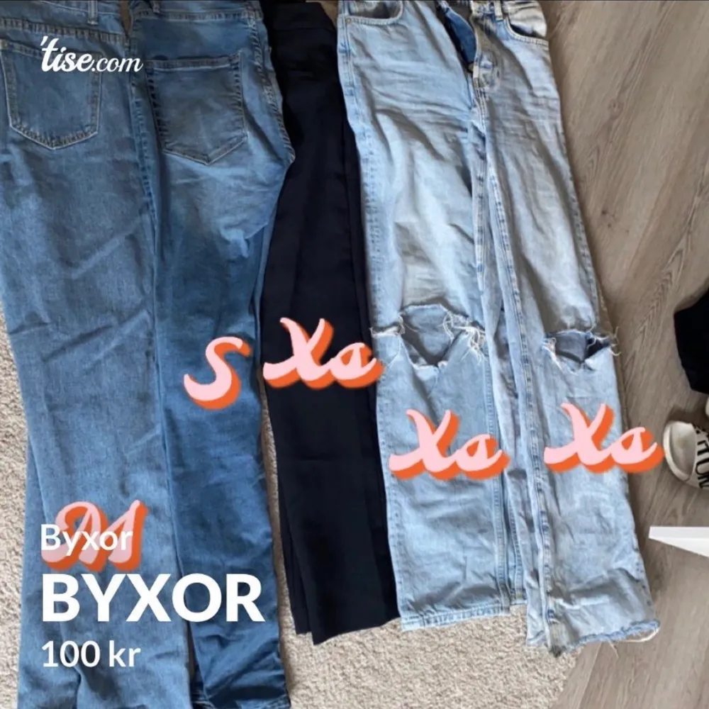 Olika jeans i storlek M-Xs 100kr för ett par och ett bar xs kostymbyxor . Jeans & Byxor.
