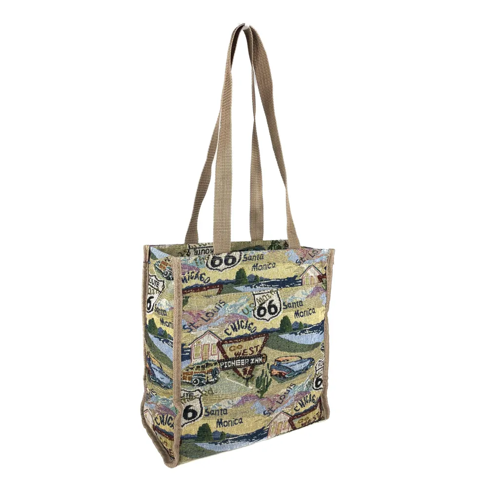 Vintage Y2K 90s 00s Route 66 tapestry tote bag. Bottle is not included. Barely visible signs of wear (see pictures). Measurements (approximate):  Width across: 29 cm, depth: 14,5 cm, height (no handle): 31cm, handle’s length: 70,5 cm. No returns . Väskor.
