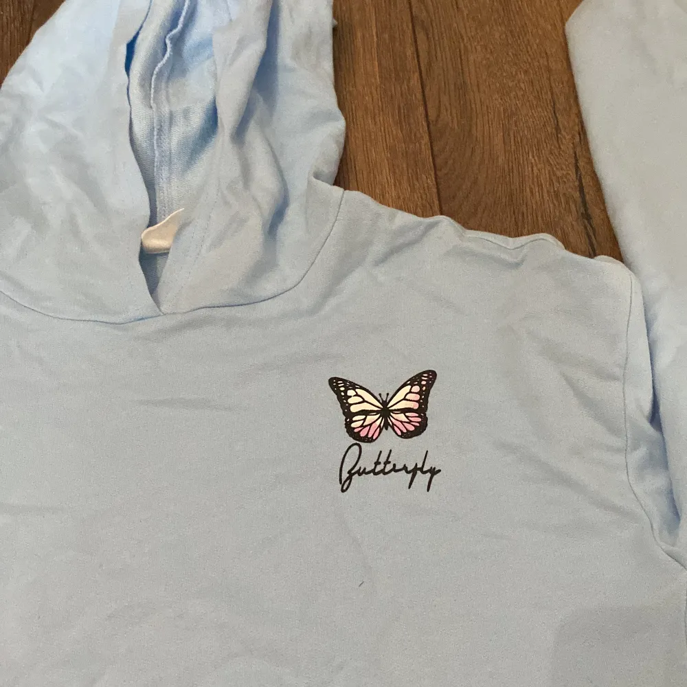 En ljusblå tröja med fjärilar på en liten fläck längst ner på tröjan men syns inte när man har på den men bara för fläck n så sänker jag priset.. Toppar.