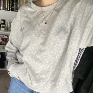 Grå Sweatshirt  - Grå sweatshirt med oversized armar. Har blåvita ränder på yttersidan av armarna och sidan av tröjan. Märket är GU clothing köpt i Australien. 