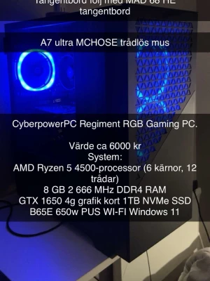 CyberpowerPC Regiment RGB Gaming PC - Stationär gamingdator med svart chassi och RGB-belysning. Utrustad med AMD Ryzen 5 4500-processor, 8 GB DDR4 RAM, GTX 1650 4GB grafikkort, 1TB NVMe SSD och Wi-Fi. Snygg design med blå LED-fläktar och sidopanel i mesh. Perfekt för gaming och multitasking.