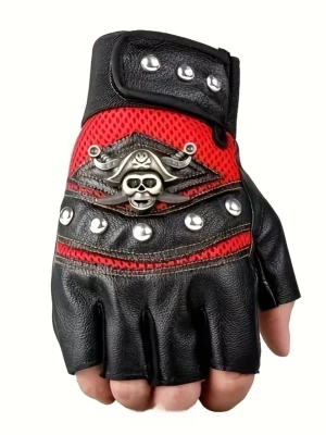 Svarta och röda, punk handskar - Punk. Ett par fingerlösa handskar i svart och rött med nitar och ett döskallemotiv. Handskarna har en justerbar rem runt handleden för en säker passform. Storlek 10,5 cm bred. Längd 17 cm.