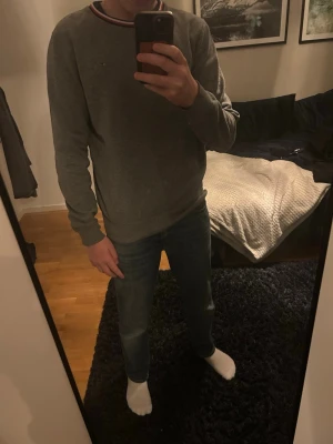 Grå sweatshirt från Tommy Hilfiger - Snygg grå sweatshirt från Tommy Hilfiger med liten logga på bröstet och ribbade muddar. Rund halsringning med röd, vit och marinblå randig detalj. Perfekt för en avslappnad och stilren look.