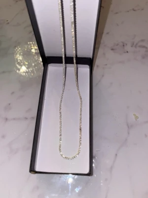 Silverfärgat kedjehalsband - Stilrent halsband i silverfärg med tunn kedja och glittrande detaljer. Halsbandet har en klassisk design som passar till många olika stilar. Levereras i en elegant ask.