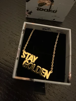 IOAKU halsband nytt - Snyggt halsband från IOAKU i guldfärgad metall med texten 'STAY GOLDEN' i stora bokstäver. Kedjan är tunn och elegant, och halsbandet levereras i en stilren presentask. Perfekt accessoar för att göra ett statement.