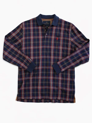 Rutig långärmad tröja från Brooks Brothers - Snygg långärmad tröja i mörkblått med rött och vitt rutmönster från Polo Brooks Brothers. Tröjan har klassisk krage, knäppning framtill och broderad logga på bröstet. Tillverkad i mjukt bomullstyg och har ribbade muddar vid ärmsluten.