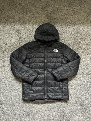 Svart dunjacka från The North Face - Säljer en svart dunjacka från The North Face med huva och dragkedja framtill. Jackan har quiltat mönster och logga på bröstet. Perfekt för kalla vinterdagar och riktigt skön att bära. Klassisk och stilren design.