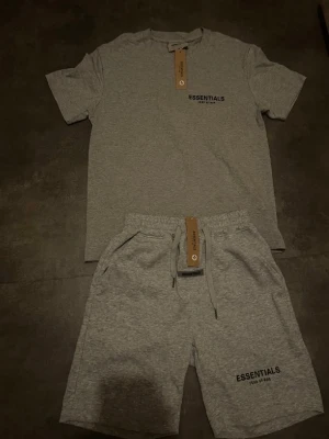 Grått loungewear-set från Essentials - Säljer ett grått loungewear-set från Essentials med t-shirt och shorts. Setet har minimalistisk design med svart Essentials-tryck på både tröja och shorts. Tillverkat i mjukt bomullsmaterial med elastisk midja och dragsko på shortsen. Perfekt för chill dagar hemma.
