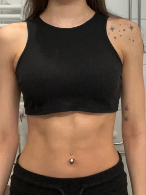 Svart ribbad crop top - Säljer en svart ribbad crop top med hög hals och breda axelband. Toppen är tight och har en enkel, stilren design som passar perfekt till jeans eller kjol. Materialet känns mjukt och stretchigt, vilket gör den bekväm att bära.