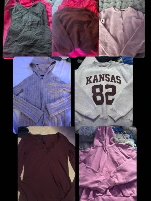 Mix av tröjor och koftor i olika färger - Säljer ett paket med sju olika tröjor och koftor i färger som grått, vinrött, rosa och lila. Inkluderar både huvtröjor, stickad kofta, sweatshirt med tryck och en topp med spetsdetalj. Perfekt för dig som vill uppdatera garderoben med flera stilar. Storlek xs men dom flesta plaggen passar S också❤️❤️ pris kan diskuteras