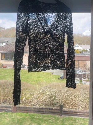 Svart transparent spetsblus - Säljer en svart långärmad topp i transparent spets med blommönster. Figurnära passform och rund halsringning. Perfekt för dig som vill ha en edgy och trendig look. Materialet är stretchigt och lätt.