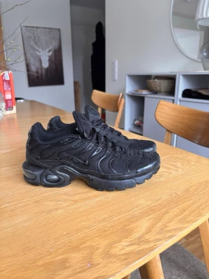 Svarta Nike Air Max Plus sneakers - Säljer ett par helsvarta Nike Air Max Plus sneakers med klassisk vågig design och synlig dämpning i sulan. Skorna har mesh- och syntetöverdel, robust yttersula och ikoniska detaljer på sidan. Perfekta för dig som gillar streetwear och sportig stil.