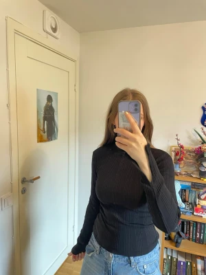 Svart ribbad polotopp - Säljer en svart ribbad polotopp med lång ärm. Toppen har en tight passform och ribbad struktur. Ärmarna är lite utsvänga 