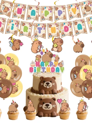 Capybara Födelsedagsfest Dekorationer Set  - Innehåll: 1 set Capybara-motiverad banner（17st banderoller, storleken 18*15 cm/st）; 1 st stor stödstav till tårtan; 24 st små stödstav till tårtan; 6 st hängflaggor; 18 st Capybara-ballonger. （#669-673）