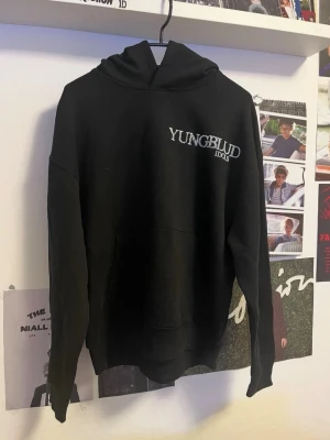 Svart Yungblud hoodie med tryck - Svart hoodie med vit Yungblud Idols-tryck på bröstet och stort turnétryck på ryggen med motiv och turnédatum. Klassisk känguruficka framtill och huva. Perfekt för dig som gillar bandmerch och streetwear.