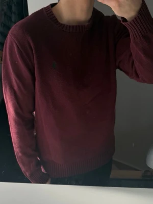 Vinröd stickad tröja Polo Ralph Lauren - Vinröd stickad tröja från Polo Ralph Lauren med rund halsringning och ribbade muddar vid ärmslut och nederkant. Klassisk grön logga broderad på bröstet. Perfekt för dig som gillar stilrena och tidlösa plagg.