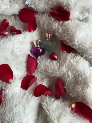 Lila och blå parfymflaskor med roséguld - Två små parfymflaskor, en lila och en ljusblå, med eleganta roséguldfärgade lock. Flaskorna har rundad form och är tillverkade i glas. Perfekta att ha i väskan eller på sminkbordet för en lyxig touch. Dofterna är DYLAN PURPLE och den andra är DYLAN TURQUOISE. Om du vill ha en får du det för 100kr men då måste du skriva vilken till mig. 2 för 200kr och 1 för 100kr 💕