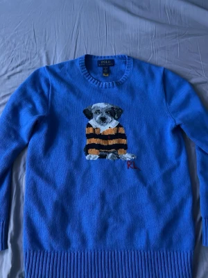 Blå stickad tröja Polo Ralph Lauren - Blå stickad tröja från Polo Ralph Lauren med rund halsringning och ribbade muddar. På bröstet finns ett motiv av en hund i randig tröja i svart och gult samt RL-broderi. Perfekt för dig som gillar unika detaljer och klassisk stil.