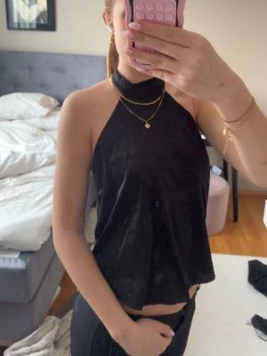 Svart ärmlös halterneck topp - Säljer en svart ärmlös halterneck topp med hög krage och croppad passform. Perfekt för dig som gillar en stilren och trendig look. Toppens material känns lätt och mjukt mot huden. 