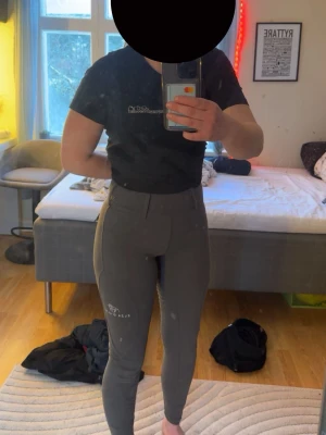 Gråa ridleggings från ELZA D’ALME - Säljer ett par gråa ridleggings från ELZA D’ALME med hög midja och fickor på sidorna. De har en tight passform och är tillverkade i stretchigt material som ger bra rörelsefrihet. Säljes då de inte passar längre. Knappt använda