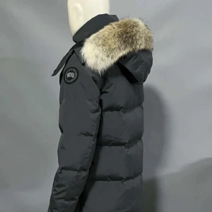 Black label från Canada Goose - Säljer en svart dunjacka från Canada Goose med pälskantad huva. Jackan har en quiltad design och stängs med dragkedja och knappar. Perfekt för kalla vinterdagar.