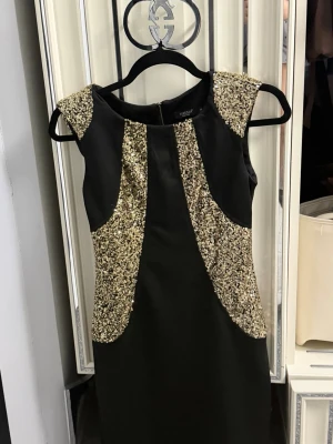 Svart och guldig fest klänning - Säljer denna korta festklänning. Den har en dragkedja baktill. Den har jätte fina guldiga paljetter. Storlek S. Säljer då den inte kommer till användning💛🫶🏼