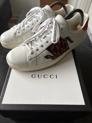 Gucci Ace sneakers - Säljer ett par vita Gucci Ace sneakers i läder med ikonisk broderad röd och svart orm på sidan. Klassisk låg modell med vita snören och gummisula. Självklart äkta. Allt som finns på bild som ligger på bordet medföljer. 