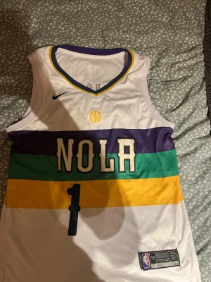 Nike NOLA Pelicans basketlinne - Snyggt basketlinne från Nike med NOLA-text på bröstet och Williamson samt nummer 1 på ryggen. Linnet har breda färgblock i lila, grönt och gult på vit botten. Tillverkat i lätt och ventilerande material, perfekt för basket eller streetwear. Tröjan fick jag utav brorsan i present efter hans resa i USA. Så den är helt ny!