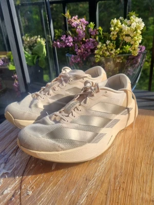 Adidas adizero evo SL - Adidas adizero evo SL sko i väldigt bra skick! Dem var tyvärr i någon storlek för stora för mig och jag kan därför inte springa i dem som synd är. Skorna har en litet jack i sidan av sulan som vistas i bild 5. Dammodell.  Modellnummer: JR5841