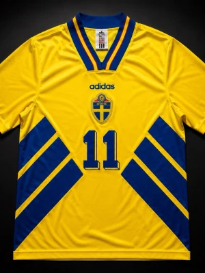 Svensk landslagströja Brolin #11 Adidas - Gul svensk landslagströja från Adidas med blå detaljer, nummer 11 och namnet Brolin på ryggen. Klassisk v-ringad krage med blå och gula ränder, samt det svenska landslagsemblemet på bröstet. Perfekt för fotbollsfans!