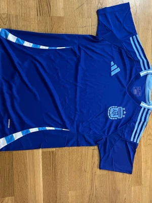 Blå Argentina matchtröja Adidas - Snygg blå matchtröja från Adidas med Argentinas landslagsemblem på bröstet och tre stjärnor ovanför. Tröjan har ljusblå och vita detaljer, klassiska Adidas-ränder på axlarna och är tillverkad i ett lätt, ventilerande material. Perfekt för fotboll eller träning.     Fraktar samma eler dagen efter du köpt!!! Endast en kvar i lager!!!