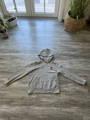 Grå hoodie med rött hjärta - Snygg grå hoodie med huva och dragsko, samt en ficka framtill. På bröstet sitter ett litet rött hjärta som detalj. Perfekt för en avslappnad och trendig stil. Mjuk och skön bomullsblandning. 2 små hål på ena baksidan av armen annars i exceptionellt bra skick.