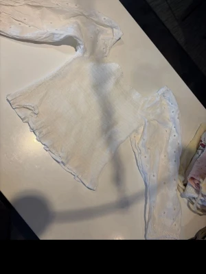 Vit blus med broderade ärmar - Söt vit blus med transparenta, långärmade ärmar dekorerade med broderade blommor. Kroppen är smockad och lätt croppad för en trendig look. Perfekt att styla med jeans eller kjol för en fräsch outfit.  