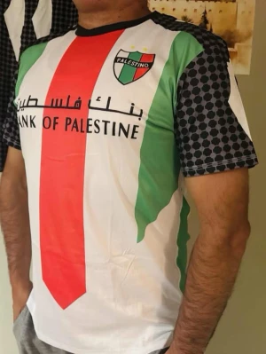 Palestino fotbollströja med tryck - Snygg fotbollströja från Palestino med röd, grön och vit design, svarta ärmar med hexagonmönster och klubbmärke på bröstet. Framsidan har texten 'Bank of Palestine' och baksidan har svart tryck av två kartor. Perfekt för dig som vill sticka ut på planen.