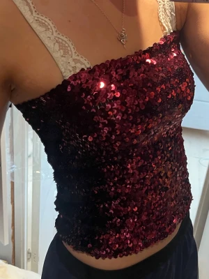 Vinröd/ rosa paljett-tubtopp - Snygg vinröd tubtopp täckt med glittriga paljetter. Toppen är axelbandslös och har en croppad passform som passar perfekt till ett par höga jeans eller kjol. Perfekt för dig som vill sticka ut och glänsa lite extra.