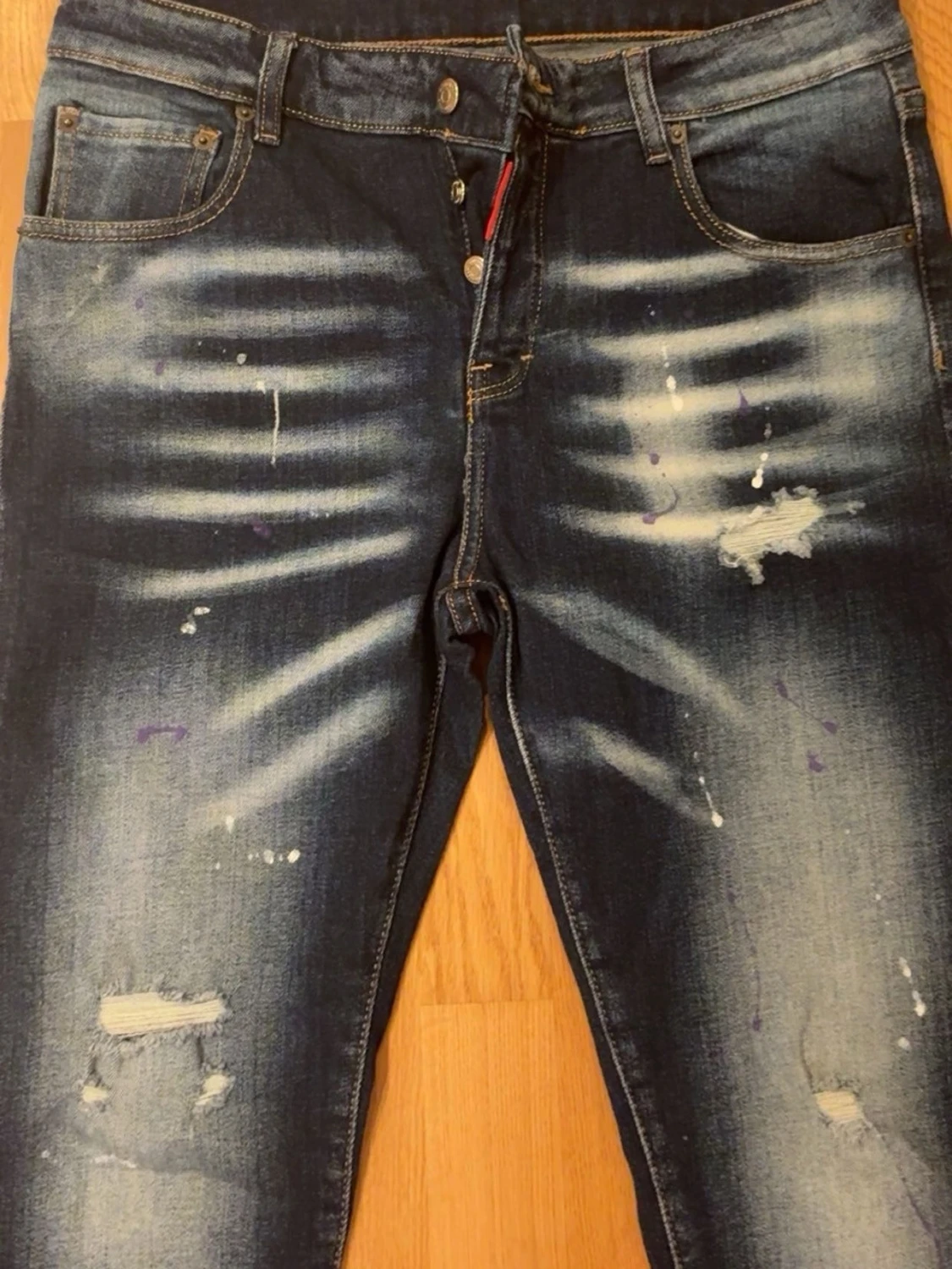 Mörkblå slitna skinny jeans - 1