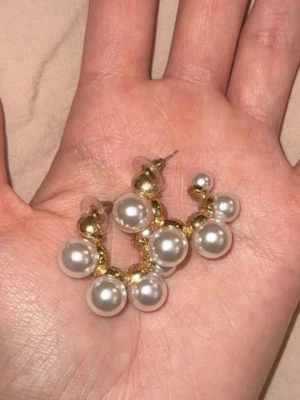 Guldpläterade örhängen med pärlor - Snygga örhängen i guldpläterad metall med vita pärlor runt hela bågen. De har en rund, halvcirkelformad design och fästs med klassisk stift. Perfekt för dig som gillar statement-accessoarer och vill ha något som verkligen syns.🥹🧸🩷