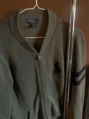 Grå ziptröja från Polo Ralph Lauren - Priset är inte helt spikat, Grå ziptröja från Polo Ralph Lauren med ribbstickad krage och muddar. Tröjan har två mörkblå ränder på ena ärmen och den klassiska Polo-loggan broderad på bröstet. Perfekt för en avslappnad och stilren look.