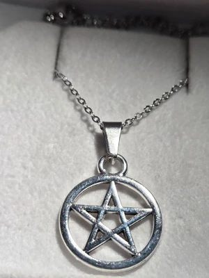 Halsband med pentagram i silverfärg - Snyggt halsband med en tunn kedja i silverfärgad rostfritt stål och ett hängsmycke i form av ett pentagram. Perfekt för dig som gillar alternativ stil eller vill ha en unik detalj till din outfit. Kedjan har klassisk länkkedja och smycket är runt med en stjärna i mitten. Hänget är ca 2,5 cm och kedjan 45 cm.