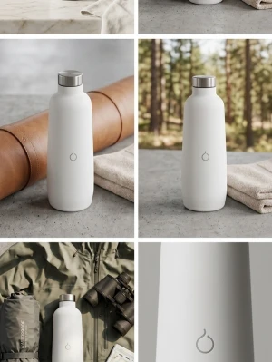 Vit vattenflaska i rostfritt stål - Minimalistisk vit vattenflaska med matt finish och silverfärgat skruvlock. Flaskan har en enkel droppsymbol på framsidan och är tillverkad i rostfritt stål, perfekt för att hålla drycken kall eller varm under dagen.