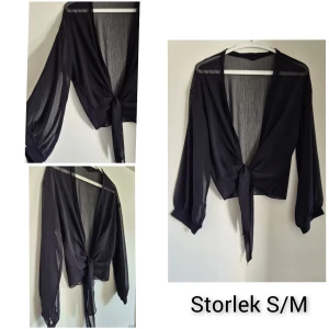 Svart transparent knytblus - Stilren svart transparent blus med knytning framtill och djup v-ringning. Blusen har långa, vida ärmar och är tillverkad i ett lätt, skirt material som ger en luftig känsla. Perfekt att styla till alla möjliga outfits!