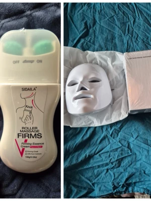 SIDAILE Roller Massage Firming Essence plus en ledmask med 7 olika färger lägen. - Elektrisk roller massage-apparat med firming essence cream från SIDAILE. Vit plast med gröna massagehuvuden och on/off-knapp. Perfekt för ansiktsmassage och huduppstramning. Inkluderar 100g kräm och kommer i originalförpackning.