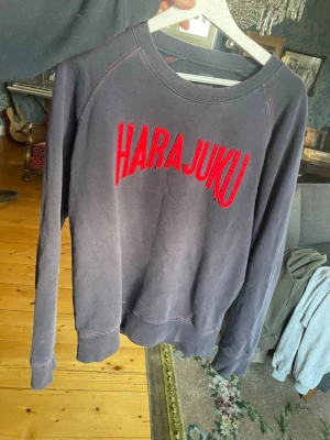 blå sweatshirt med röd text - Cool mörkgrå sweatshirt med röd broderad text. Tröjan har rund halsringning, långa ärmar och ribbade muddar. Perfekt för en avslappnad streetstyle-look. ‼️‼️Nej, loggan lyser inte ‼️‼️