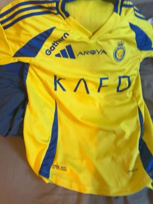 Gul och blå fotbollströja Adidas M - Snygg gul och blå fotbollströja från Adidas med tryck från Al Nassr FC och flera loggor på bröstet. Klassisk sportig design med korta ärmar och blå detaljer längs axlar och sidor. Tillverkad i lätt och funktionell polyester, perfekt för fotboll eller träning.
