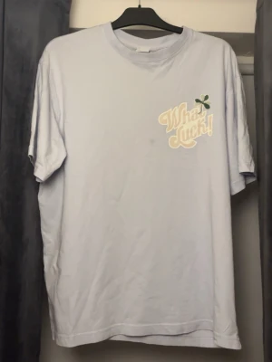Ljusblå t-shirt från Zara med tryck - Ljusblå t-shirt från Zara med trycket 'What Luck!' och en fyrklöver på bröstet. Klassisk rund hals och korta ärmar. Perfekt för en avslappnad och trendig stil. Oversized och rätt så använd därav priset!